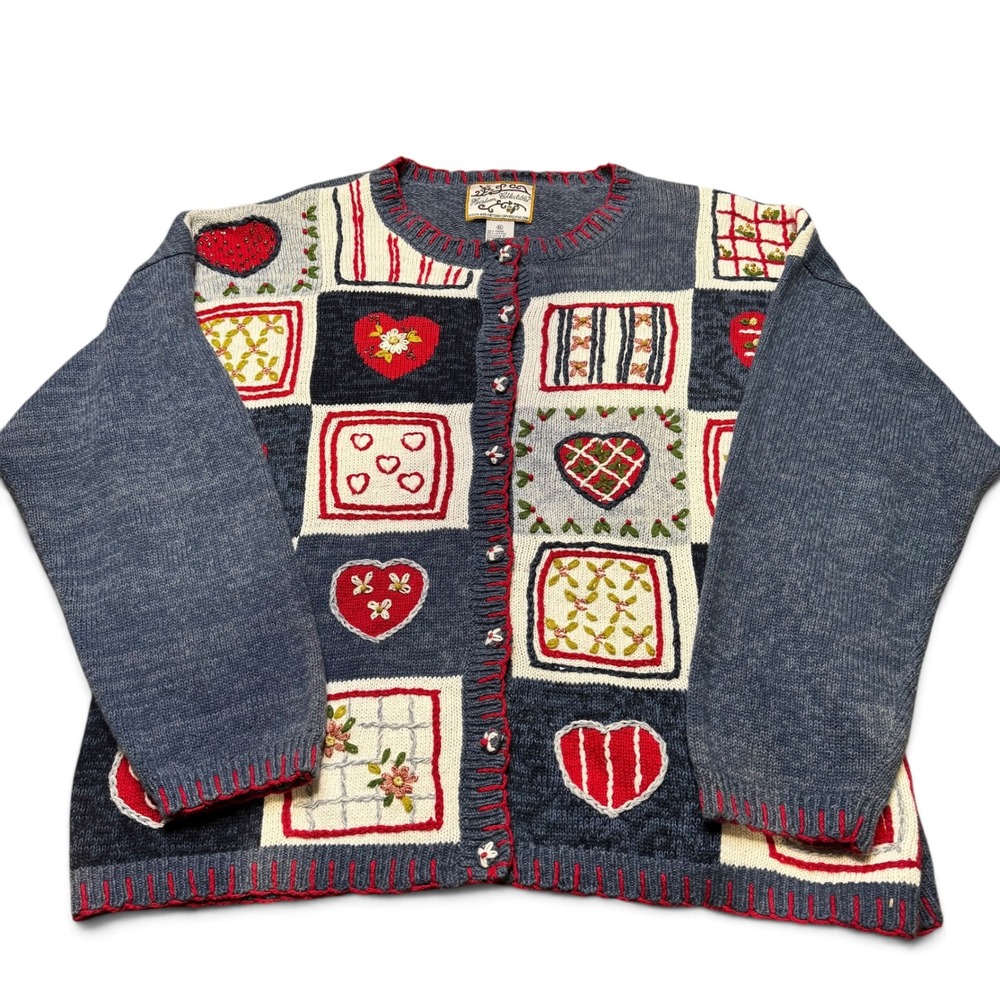 Heirloom Collectibles Vintage Patchwork Heart Embroidered Cardigan Sweater XL